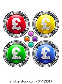 British pound currency icon on round colorful vector buttons suitable for use on websites, in print materials or in advertisements.  Set includes red, yellow, green, and blue versions.