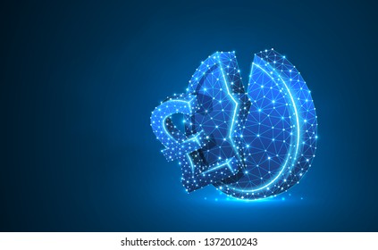 British Pound Currency. Neon 3d illustration. Polygonal Vector business, money, unstable finance, market crash, broken circle concept. Low poly wireframe, triangle, lines, dots. Blue background