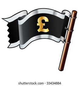 British pound currency symbol on black, silver, and gold vector flag good for use on websites, in print, or on promotional materials