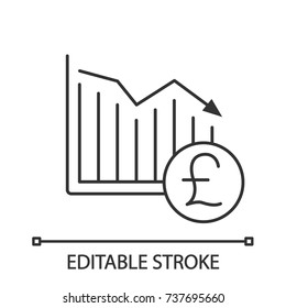 British pound falling linear icon. Statistics diagram with gbp sign. Thin line illustration. Financial collapse. Contour symbol. Vector isolated outline drawing. Editable stroke