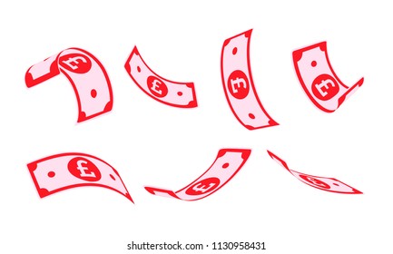 British pound falling set, animation ready. GBP paper notes flying in the air. United Kingdom money in seven different positions isolated on white background. Cartoon vector illustration.