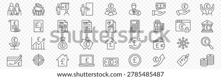 British pound finance and banking icon set – editable outline symbols of currency, investment, tax, debt, savings, mortgage and financial management elements