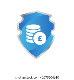 British pound icon and blue shield. Vector illustration