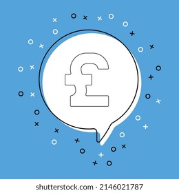 British Pound icon in white speech bubble with decorative elements on a blue background. Modern graphic announcement with thin line symbol. Vector illustration EPS 10