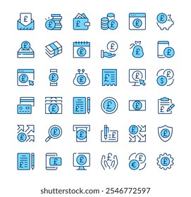 Iconos de libra británica. Símbolos de contorno. Conjunto de iconos de línea azul de Vector
