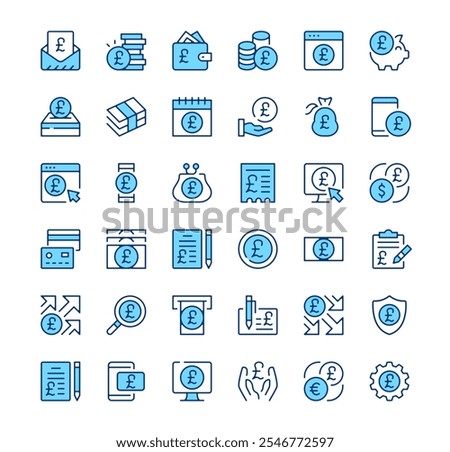 British pound icons. Outline symbols. Vector blue line icons set