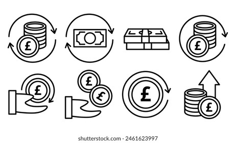 British pound lira earnings return icons set.