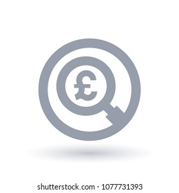 British Pound magnifying glass symbol. Britain currency search icon. Economics sign in circle outline. Vector illustration.
