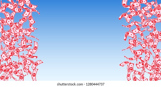 British pound notes falling. Floating GBP bills on blue sky background. United Kingdom money. Beauteous vector illustration. Modern jackpot, wealth or success concept.