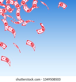 British pound notes falling. Floating GBP bills on blue sky background. United Kingdom money. Awesome vector illustration. Good-looking jackpot, wealth or success concept.