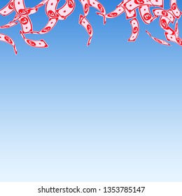 British pound notes falling. Floating GBP bills on blue sky background. United Kingdom money. Astonishing vector illustration. Vibrant jackpot, wealth or success concept.
