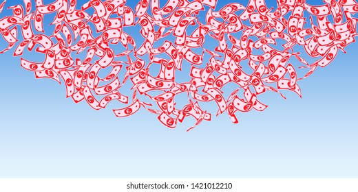 British pound notes falling. Floating GBP bills on blue sky background. United Kingdom money. Beautiful vector illustration. Curious jackpot, wealth or success concept.