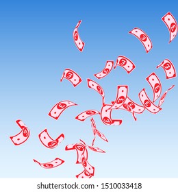 British pound notes falling. Floating GBP bills on blue sky background. United Kingdom money. Authentic vector illustration. Bold jackpot, wealth or success concept.