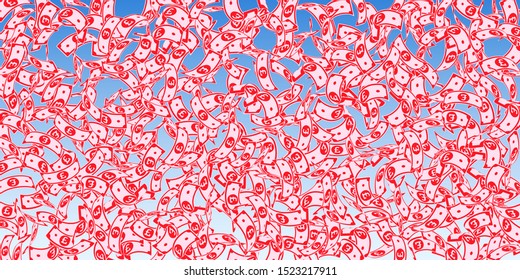 British pound notes falling. Floating GBP bills on blue sky background. United Kingdom money. Beauteous vector illustration. Precious jackpot, wealth or success concept.