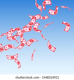 British pound notes falling. Floating GBP bills on blue sky background. United Kingdom money. Authentic vector illustration. Alluring jackpot, wealth or success concept.