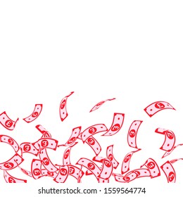 British pound notes falling. Floating GBP bills on white background. United Kingdom money. Authentic vector illustration. Pleasing jackpot, wealth or success concept.