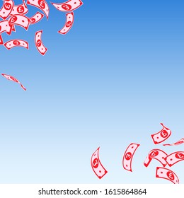 British pound notes falling. Floating GBP bills on blue sky background. United Kingdom money. Authentic vector illustration. Mind-blowing jackpot, wealth or success concept.