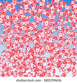 British pound notes falling. Floating GBP bills on blue sky background. United Kingdom money. Awesome vector illustration. Exotic jackpot, wealth or success concept.