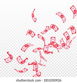 British pound notes falling. Floating GBP bills on transparent background. United Kingdom money. Authentic vector illustration. Breathtaking jackpot, wealth or success concept.