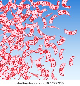 British pound notes falling. Floating GBP bills on blue sky background. United Kingdom money. Attractive vector illustration. Remarkable jackpot, wealth or success concept.