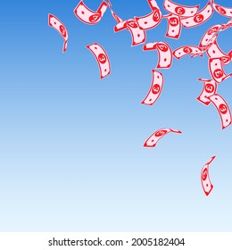 British pound notes falling. Floating GBP bills on blue sky background. United Kingdom money. Awesome vector illustration. Juicy jackpot, wealth or success concept.