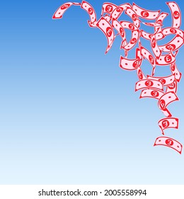 British pound notes falling. Floating GBP bills on blue sky background. United Kingdom money. Beauteous vector illustration. Bewitching jackpot, wealth or success concept.