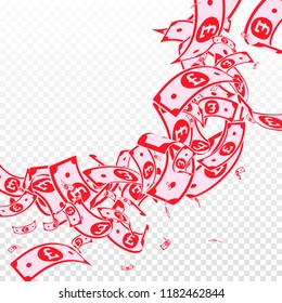 British pound notes falling. Messy GBP bills on transparent background. United Kingdom money. Attractive vector illustration. Beauteous jackpot, wealth or success concept.