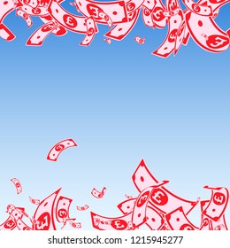 British pound notes falling. Messy GBP bills on blue sky background. United Kingdom money. Attractive vector illustration. Curious jackpot, wealth or success concept.