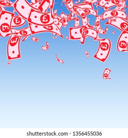 British pound notes falling. Messy GBP bills on blue sky background. United Kingdom money. Awesome vector illustration. Amusing jackpot, wealth or success concept.