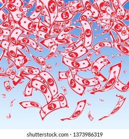 British pound notes falling. Messy GBP bills on blue sky background. United Kingdom money. Awesome vector illustration. Rare jackpot, wealth or success concept.