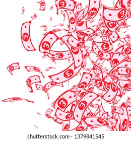 British pound notes falling. Messy GBP bills on white background. United Kingdom money. Authentic vector illustration. Dramatic jackpot, wealth or success concept.