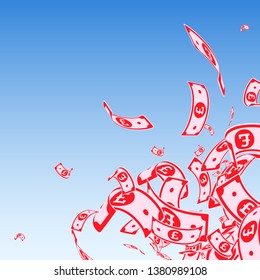 British pound notes falling. Messy GBP bills on blue sky background. United Kingdom money. Awesome vector illustration. Dramatic jackpot, wealth or success concept.