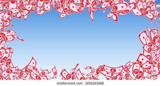 British pound notes falling. Messy GBP bills on blue sky background. United Kingdom money. Beauteous vector illustration. Worthy jackpot, wealth or success concept.