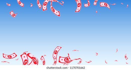 British pound notes falling. Random GBP bills on blue sky background. United Kingdom money. Beauteous vector illustration. Symmetrical jackpot, wealth or success concept.