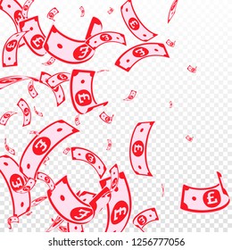 British pound notes falling. Random GBP bills on transparent background. United Kingdom money. Attractive vector illustration. Sublime jackpot, wealth or success concept.