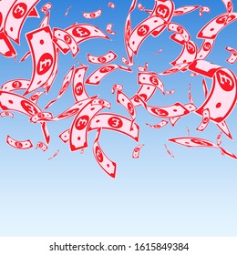 British pound notes falling. Random GBP bills on blue sky background. United Kingdom money. Awesome vector illustration. Unique jackpot, wealth or success concept.