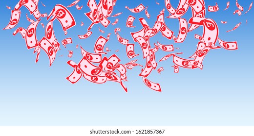 British pound notes falling. Random GBP bills on blue sky background. United Kingdom money. Beautiful vector illustration. Divine jackpot, wealth or success concept.