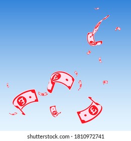 British pound notes falling. Random GBP bills on blue sky background. United Kingdom money. Attractive vector illustration. Bewitching jackpot, wealth or success concept.