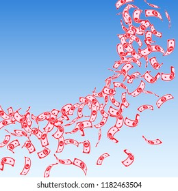 British pound notes falling. Small GBP bills on blue sky background. United Kingdom money. Attractive vector illustration. Breathtaking jackpot, wealth or success concept.