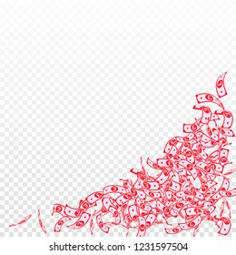 British pound notes falling. Small GBP bills on transparent background. United Kingdom money. Attractive vector illustration. Juicy jackpot, wealth or success concept.