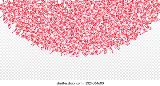 British pound notes falling. Small GBP bills on transparent background. United Kingdom money. Beautiful vector illustration. Eminent jackpot, wealth or success concept.