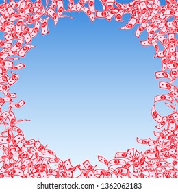 British pound notes falling. Small GBP bills on blue sky background. United Kingdom money. Attractive vector illustration. Precious jackpot, wealth or success concept.