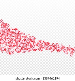 British pound notes falling. Small GBP bills on transparent background. United Kingdom money. Awesome vector illustration. Popular jackpot, wealth or success concept.
