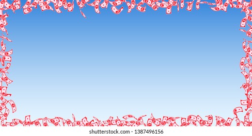 British pound notes falling. Small GBP bills on blue sky background. United Kingdom money. Beauteous vector illustration. Magnificent jackpot, wealth or success concept.