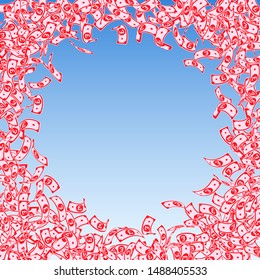 British pound notes falling. Small GBP bills on blue sky background. United Kingdom money. Authentic vector illustration. Immaculate jackpot, wealth or success concept.