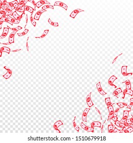 British pound notes falling. Small GBP bills on transparent background. United Kingdom money. Authentic vector illustration. Outstanding jackpot, wealth or success concept.