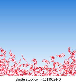 British pound notes falling. Small GBP bills on blue sky background. United Kingdom money. Astonishing vector illustration. Mesmeric jackpot, wealth or success concept.