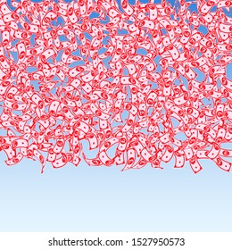 British pound notes falling. Small GBP bills on blue sky background. United Kingdom money. Awesome vector illustration. Vibrant jackpot, wealth or success concept.