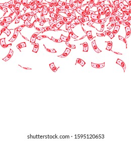 British pound notes falling. Small GBP bills on white background. United Kingdom money. Awesome vector illustration. Bewitching jackpot, wealth or success concept.