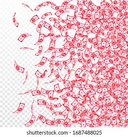 British pound notes falling. Small GBP bills on transparent background. United Kingdom money. Authentic vector illustration. Enchanting jackpot, wealth or success concept.